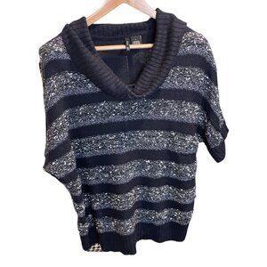 New Directions Navy White Cowl Neck Butterfly Short Sleeve Sweater Sz L